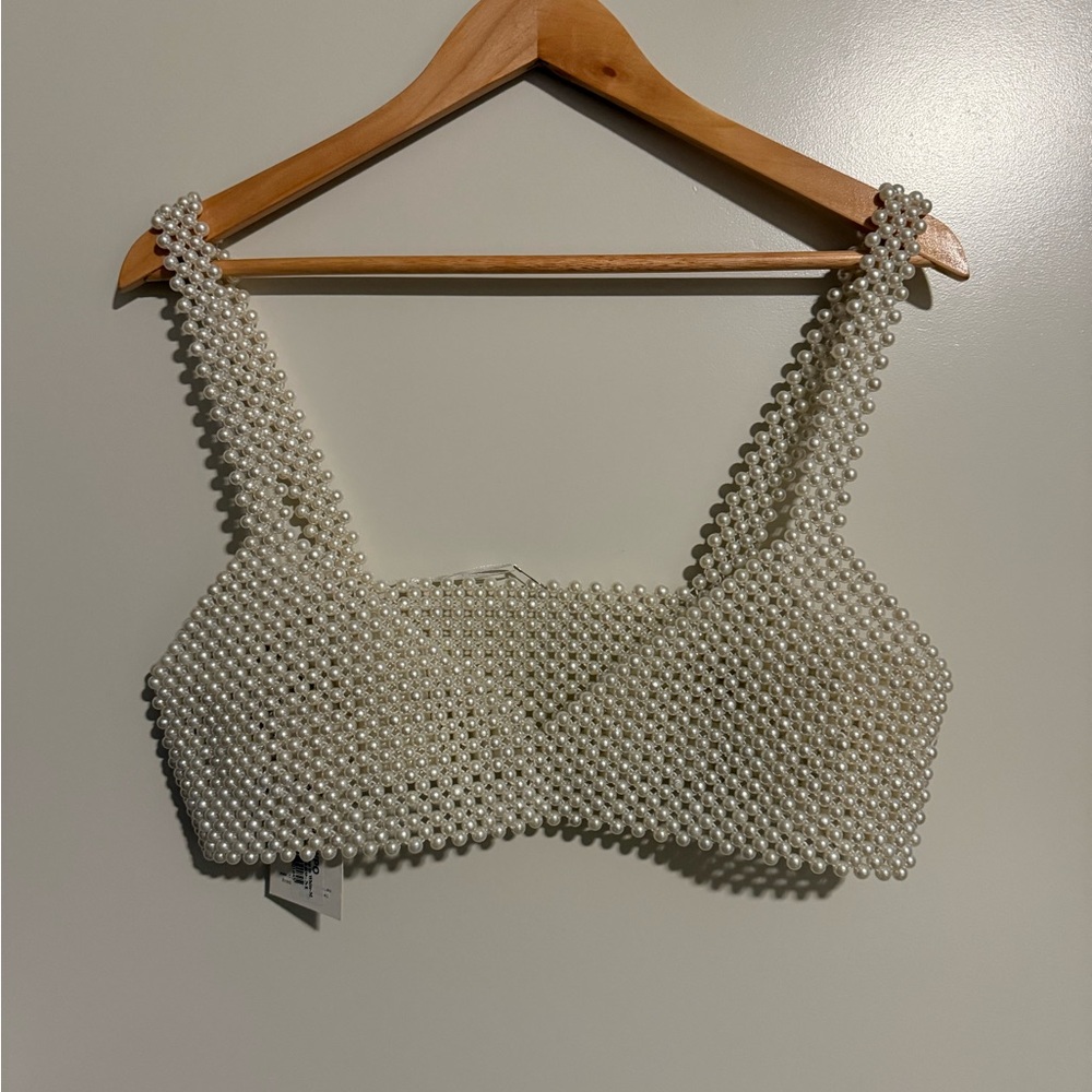 Chic Pearl Embellished Cream Tank Top